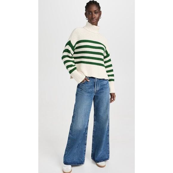 Madewell Antique Cream and Green Varsity Wide Rib Turtleneck Sweater NWOT Small - Picture 8 of 11